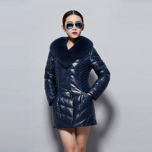 Genuine Leather Coat Female Single Breasted Ladies' Full Pelt Real Fox Fur Collar Women's Down Coat 14157
