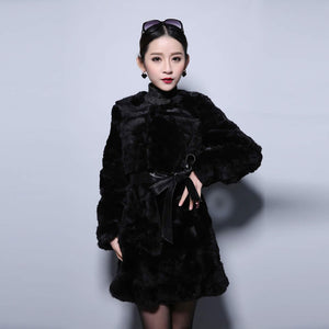 natural Rabbit Fur Coat Full Sleeve Overcoat Women Outerwear Winter 110cm Length