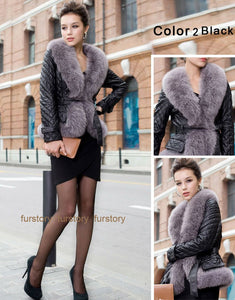 Genuine Leather Coat Jacket Real Fox Fur Collar Trim Thick Jacket Winter Overcoat Garment