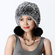 Load image into Gallery viewer, Women&#39;s Tight Knitted Real REX Rabbit Fur Hat Beanie Fur Fox Fur Pompom 14605
