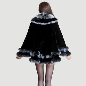 Women's Cropped Coat Real REX Rabbit Fur Coat Fox Fur Collar Coat Shawl 010139