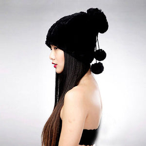 Women's Hats Knitted Real REX Rabbit Fur Beanie Hat 14603