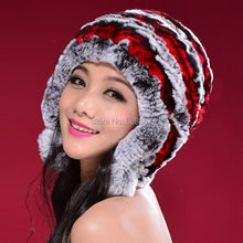 Load image into Gallery viewer, Knitted Real Rabbit Fur Hat Beanie Earmuff Bomber Hat  Women&#39;s Winter Hats 14606