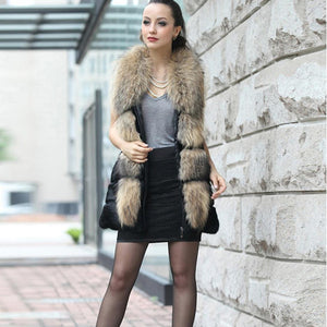 Real Fur Guarantee Women's Rabbit Fur Vest with Big Raccoon Collar Natural Fur Waistcoat Fur Story FS15274