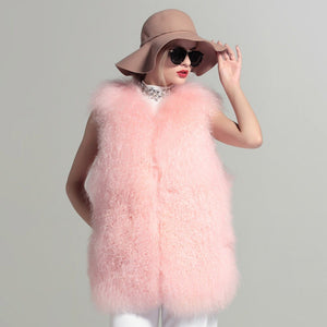 Women's Real Lamb Fur Vest Natural Fur Waistcoat Furry Sleeveless Garment 16202