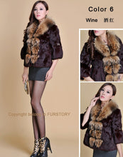 Load image into Gallery viewer, Real Rabbit Fur Coat Raccoondog Fur Collar with Hood Overcoat Jacket Waistcoat 7colors Short Version FS13073