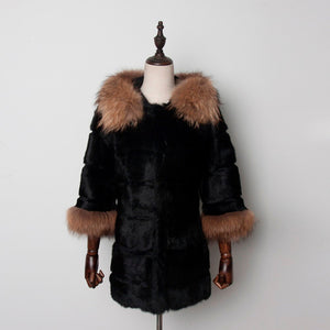 Woman's  Real Rabbit Fur Coat Raccoon Fur Collar & Cuff Hood Overcoat   010129L