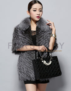 Women's Silver Fox Fur Coats with Fur Collar Puff Overcoat Winter Jackets Female Dress