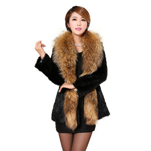 Natural Rabbit Fur Coat Supper Big Raccoon Fur Collar Women Overcoat
