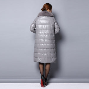 Genuine Leather Down Coat for Women with Big Fox Fur Collar Jacket 151243