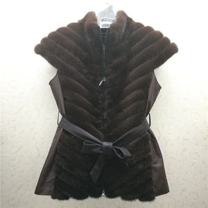 Women's Real Mink Fur Vest with Belt Waistcoat Short Sleeve Black Color 16217