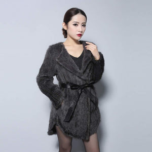 Natural Mink Fur Knitting Coat  Jacket Overcoat Long Length Version Outerwear Full Sleeve