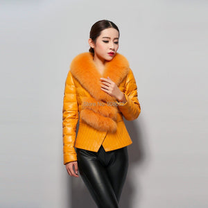 Genuine Sheep Leather Down Jacket Fox Fur Collar Thick Jacket Winter Overcoat