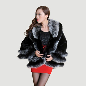 Women's Cropped Coat Real REX Rabbit Fur Coat Fox Fur Collar Coat Shawl 010139