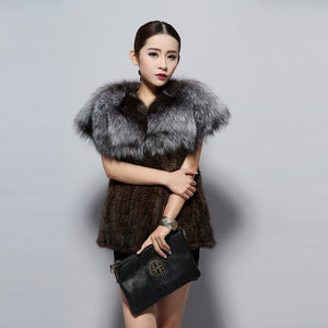 Women's Knitted Real Mink Fur Splicing Silver Fox Fur Vest Real Fur Vest Female