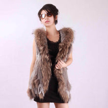 Load image into Gallery viewer, Long Women&#39;s Knitted Natural Rabbit Fur Vest Raccoon Fur Collar Hood Trim