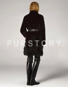 Natural Rabbit Fur Overcoats with Fox Fur Overcoat Belt Slim Winter Coat