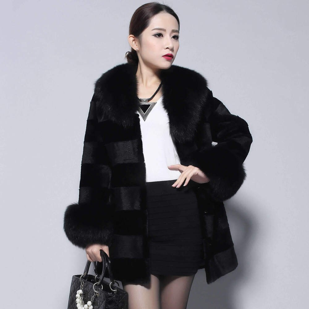 Natural Rabbit Fur Coat Fox Fur Collar Sleeve Cuff Jacket Winter Long Overcoat