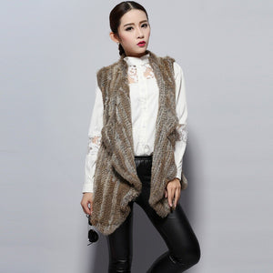 Women's Knitted Real Rabbit Fur Vest Europe Latest Style Long Vest Waistcoat Jacket