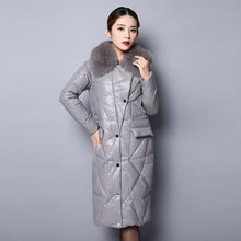 Load image into Gallery viewer, Real Sheep Leather Down Coat for Women Winter Long Overcoat Hood Jackets 151245