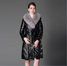 Load image into Gallery viewer, Women&#39;s Genuine Leather Coat with Fox Fur collar Down Stuffing Leather Coat 161194