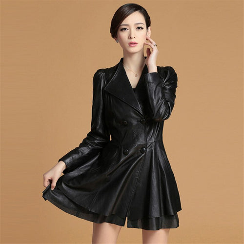 Genuine Sheep Leather Coat Jacket Skirt Version Overcoat Long Lamb Leather Dress