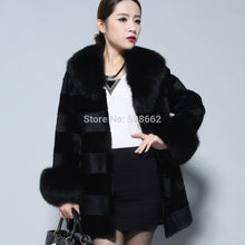 Load image into Gallery viewer, Natural Rabbit Fur Coat Fox Fur Collar Sleeve Cuff Jacket Winter Long Overcoat