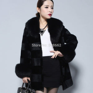 Natural Rabbit Fur Coat Fox Fur Collar Sleeve Cuff Jacket Winter Long Overcoat