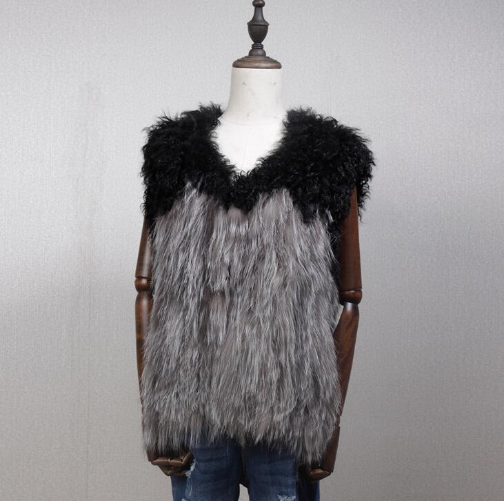 Natural Fur Vest for Women Fox with Mongolia Sheep Fur Waistcoat 162106