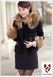 Women's Warm Winter Coat Real Rabbit Fur Coat Raccoondog Fur Collar & Sleeve-cuff with Hood Overcoat Jacket Waistcoat 6colors Short Version FS010129S