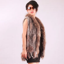 Load image into Gallery viewer, Long Women&#39;s Knitted Natural Rabbit Fur Vest Raccoon Fur Collar Hood Trim