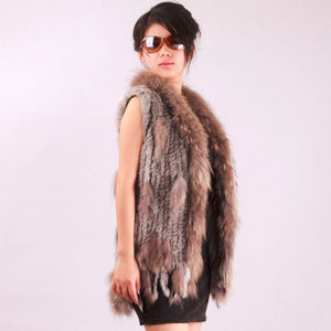 Long Women's Knitted Natural Rabbit Fur Vest Raccoon Fur Collar Hood Trim