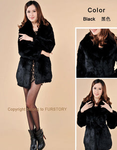 Winter Women's Rabbit Fur Coat with Fox Fur Collar Black Full Sleeve Natural Fur Coats Female