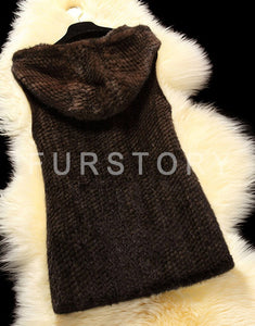 Women's Genuine Knitted Mink Fur Vest  Pocket Hoodie Jacket Plus Size 16295