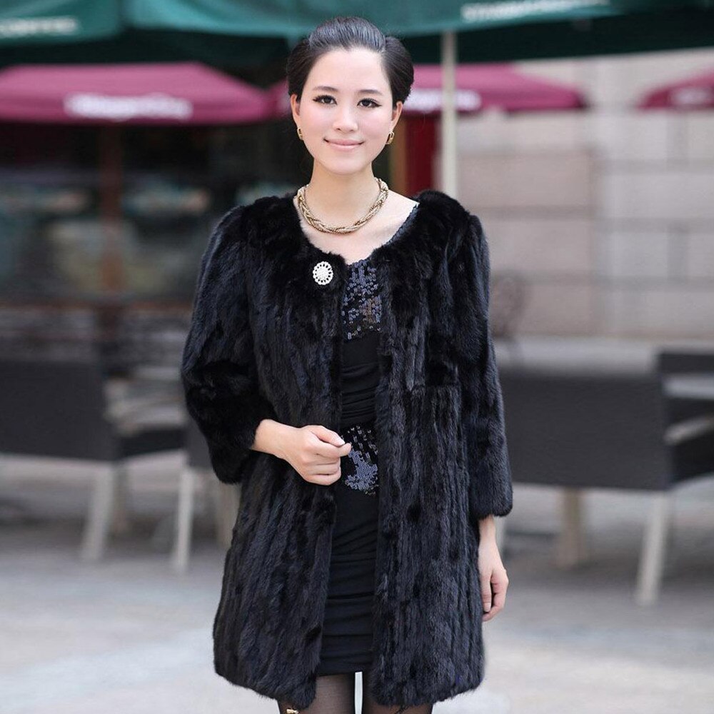 Women's Real Mink Fur Overcoat Black Winter  Natural Mink Fur Coat Female 151186