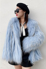 Load image into Gallery viewer, White Raccoon Dog Fur Stripe Woven Fur Coat Short Women&#39;s Slim Hood FS21110