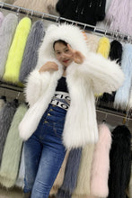 Load image into Gallery viewer, Women Stripe Hooded Medium Length White Raccoon Fur Coat 21120