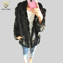 Load image into Gallery viewer, Women&#39;s Genuine Mink Fur Coat Women with Hood Striped Fur Jacket  16153