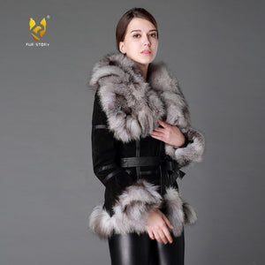 Women's Genuine Leather Fur Coat Women Fox Fur Collar  13055