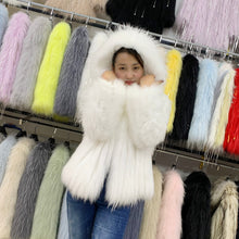 Load image into Gallery viewer, Women Stripe Hooded Medium Length White Raccoon Fur Coat 21120