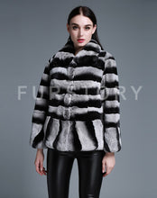 Load image into Gallery viewer, Women&#39;s Genuine Rabbit Fur Coat with Big Turn Down Collar Chinchilla Color 15190