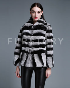 Women's Genuine Rabbit Fur Coat with Big Turn Down Collar Chinchilla Color 15190