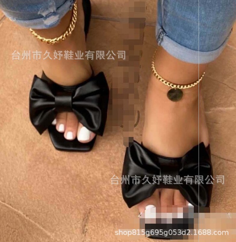 Women's Slippers with Bow Knot Square Head Low-heel Flip-flops Women Sandals FS21S51A