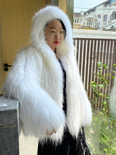 Load image into Gallery viewer, White Raccoon Dog Fur Stripe Woven Fur Coat Short Women&#39;s Slim Hood FS21110