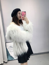 Load image into Gallery viewer, White Raccoon Dog Fur Stripe Woven Fur Coat Short Women&#39;s Slim Hood FS21110