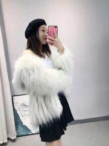 White Raccoon Dog Fur Stripe Woven Fur Coat Short Women's Slim Hood FS21110