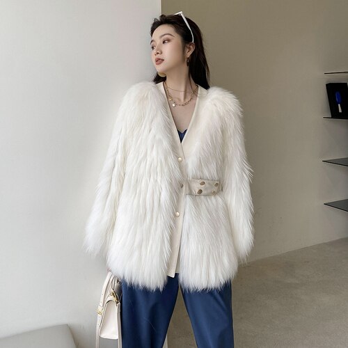 Raccoon Dog Fur Car Fur Coat Girdle Thin Fox Fur Coat Medium Length FS21113