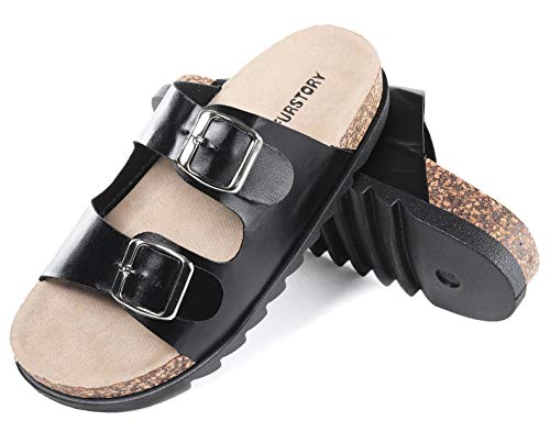 Women's Adjustable Top Sandals Double Buckle Slides Non Slip Cute Beach Shoes for Women Outdoor Slipper with Cork Footbed