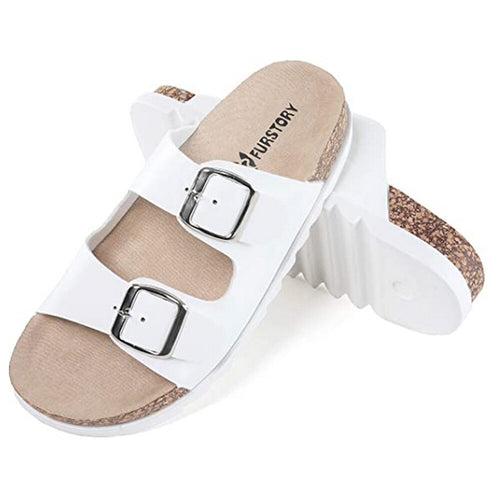 Women's Adjustable Top Sandals Double Buckle Slides Non Slip Cute Beach Shoes for Women Outdoor Slipper with Cork Footbed