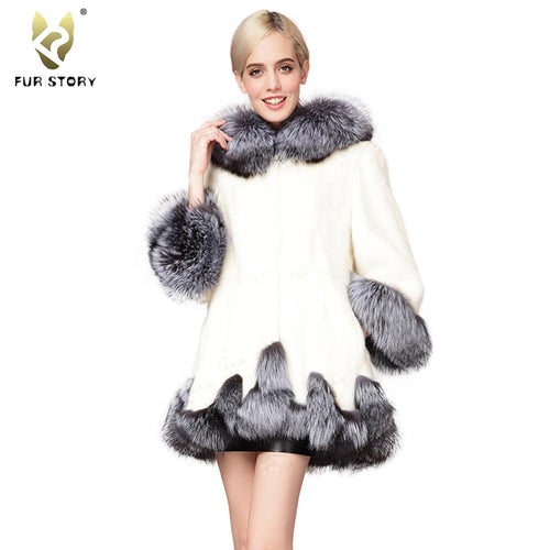 Mink Fur Coat Women Big Hood Natural Fur Overcoat with Fox Hem Women's Coats Winter jacket Women Fur Story FS16111
